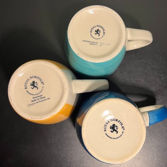 Set of 3 ROYAL NORFOLK Stoneware Mugs ~ Blue, Yellow & Aqua ~ Greenbrier - Picture 13 of 14